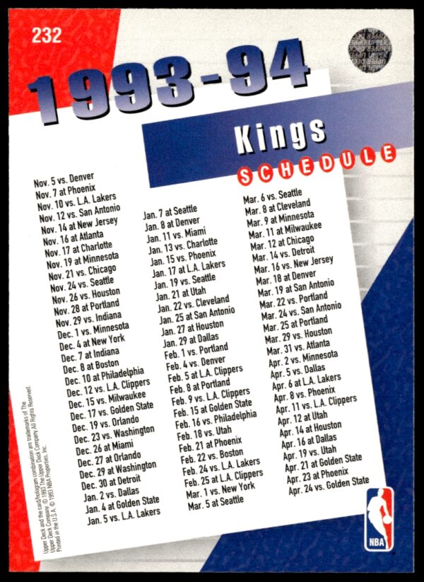 1993-94 Upper Deck Collector's Choice Sacramento Kings #232 (Back)