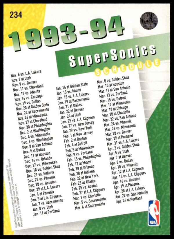 1993-94 Upper Deck Collector's Choice Seattle SuperSonics #234 (Back)