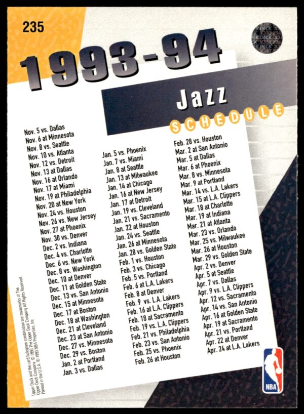 1993-94 Upper Deck Collector's Choice Utah Jazz #235 (Back)