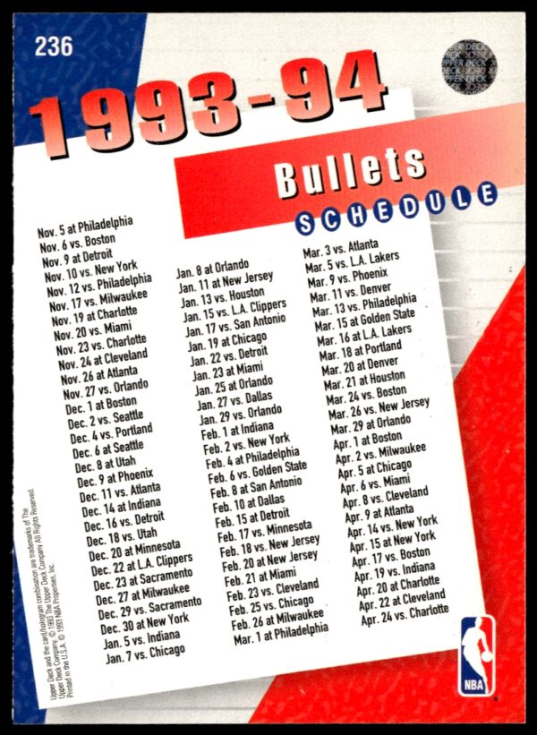 1993-94 Upper Deck Collector's Choice Washington Bullets #236 (Back)