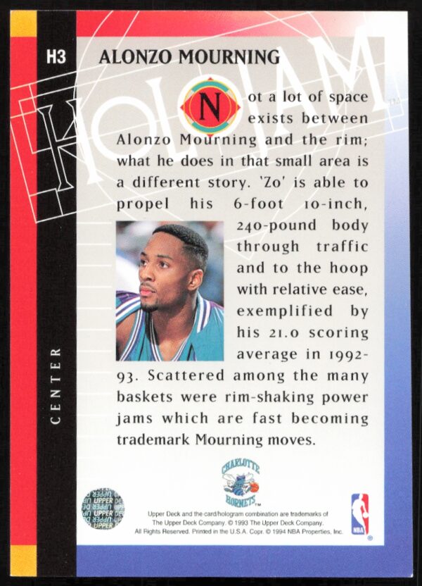 1993-94 Upper Deck Holojam Alonzo Mourning #H3 (Back)