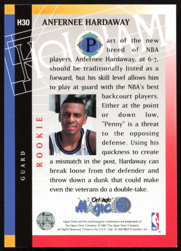 1993-94 Upper Deck Holojam Anfernee Hardaway #H30 (Back)