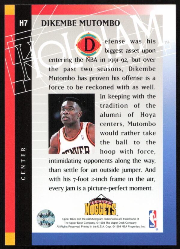 1993-94 Upper Deck Holojam Dikembe Mutombo #H7 (Back)