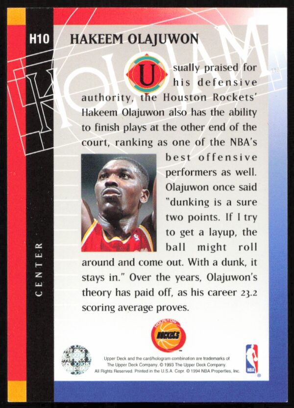 1993-94 Upper Deck Holojam Hakeem Olajuwon #H10 (Back)