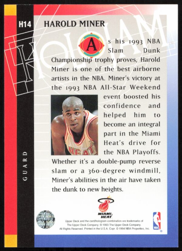 1993-94 Upper Deck Holojam Harold Miner #H14 (Back)