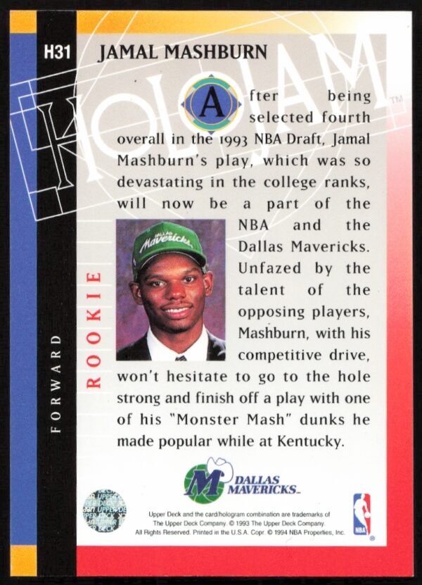 1993-94 Upper Deck Holojam Jamal Mashburn #H31 (Back)