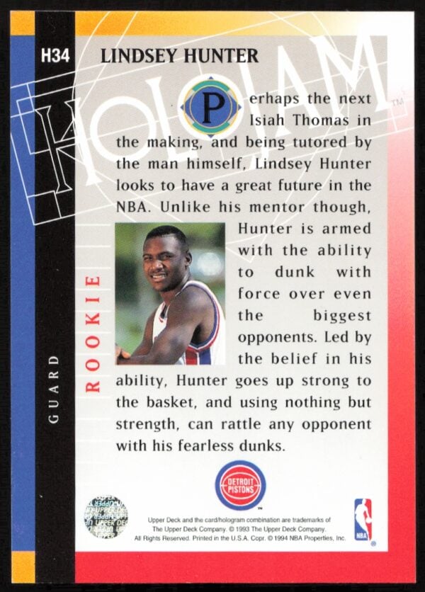 1993-94 Upper Deck Holojam Lindsey Hunter #H34 (Back)