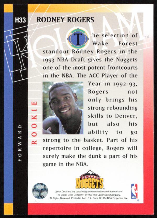 1993-94 Upper Deck Holojam Rodney Rogers #H33 (Back)