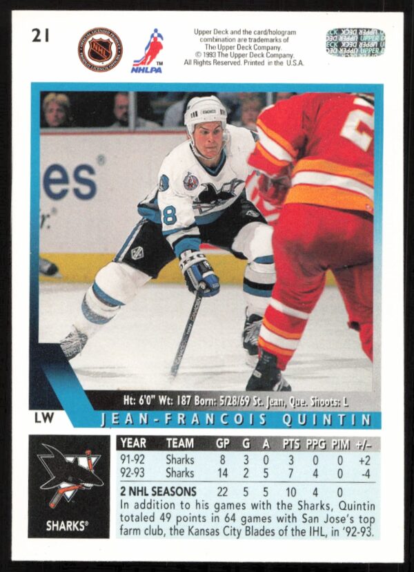 1993-94 Upper Deck Jean-Francois Quintin #21 (Back)