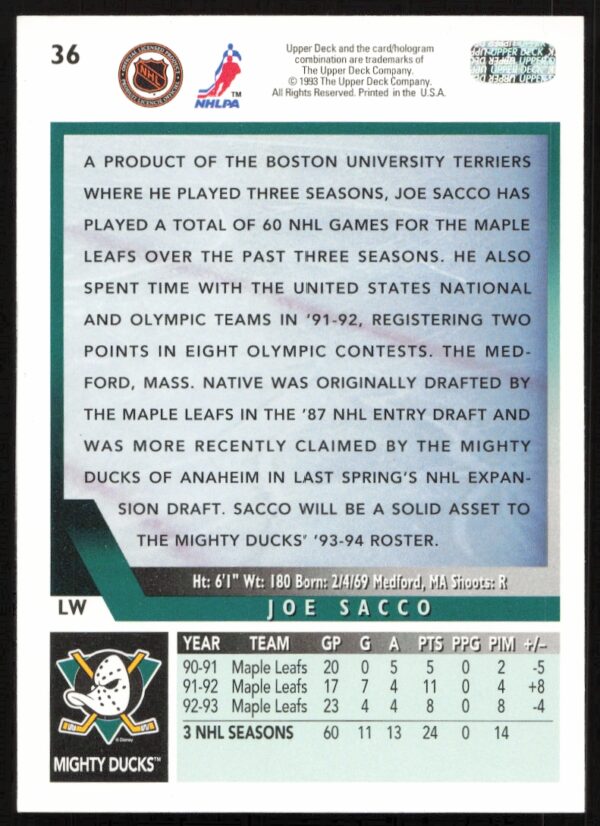 1993-94 Upper Deck Joe Sacco #36 (Back)