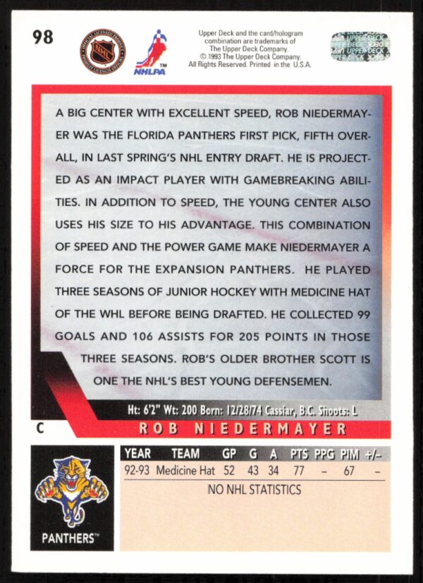 1993-94 Upper Deck Rob Niedermayer #98 (Back)