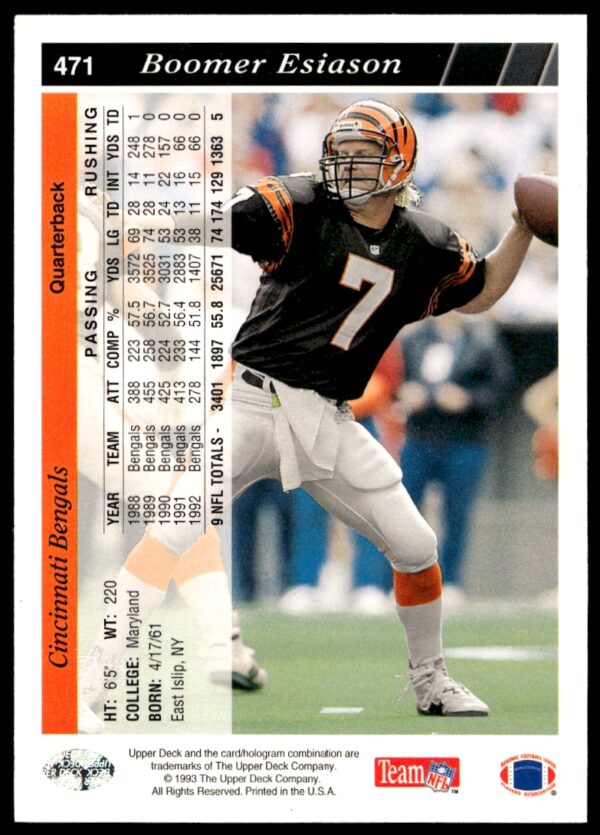 1993 Upper Deck Boomer Esiason #471 (Back)