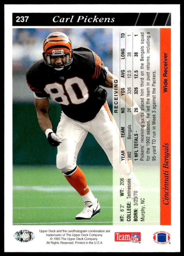 1993 Upper Deck Carl Pickens #237 (Back)