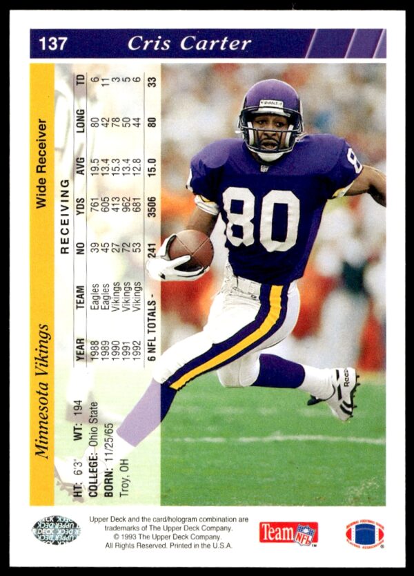 1993 Upper Deck Cris Carter #137 (Back)