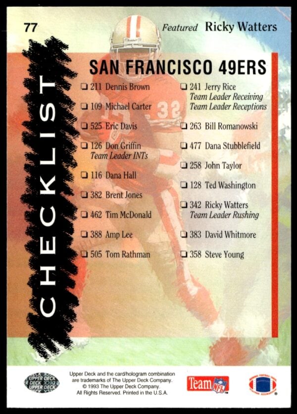 1993 Upper Deck San Francisco 49ers Checklist #77 (Back)