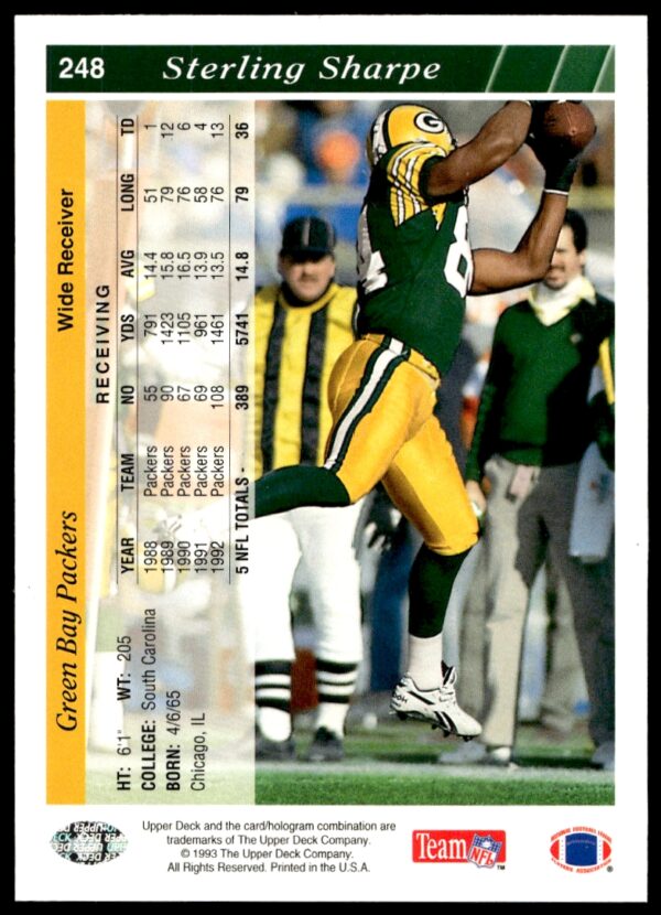 1993 Upper Deck Sterling Sharpe #248 (Back)