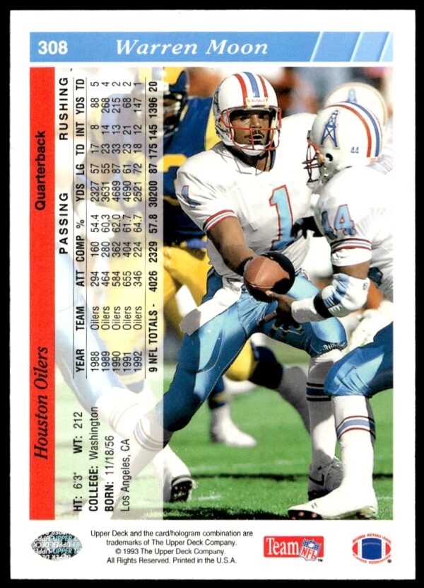 1993 Upper Deck Warren Moon #308 (Back)