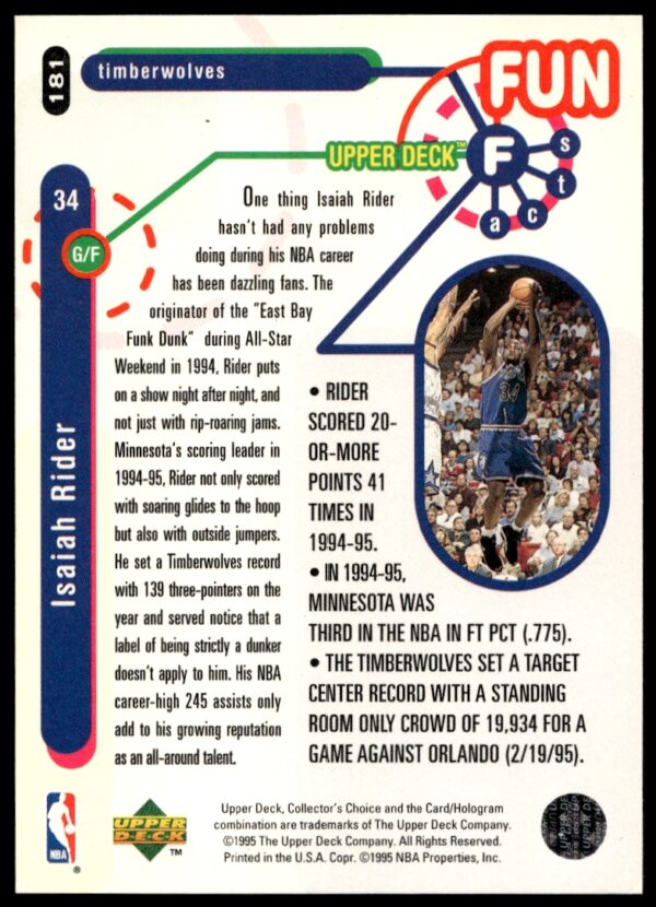 1995-96 Upper Deck Collector's Choice Isaiah Rider #181 (Back)