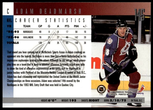 1996-97 Donruss Adam Deadmarsh #145 (Back)