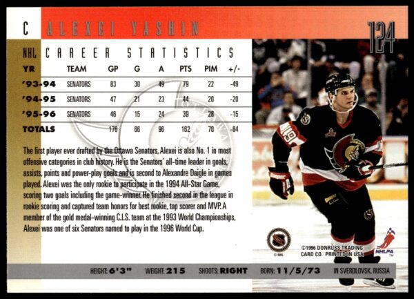 1996-97 Donruss Alexei Yashin #124 (Back)