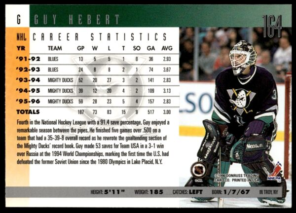 1996-97 Donruss Guy Hebert #164 (Back)