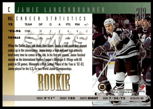 1996-97 Donruss Jamie Langenbrunner #218 (Back)