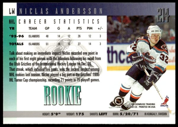 1996-97 Donruss Niklas Andersson #214 (Back)