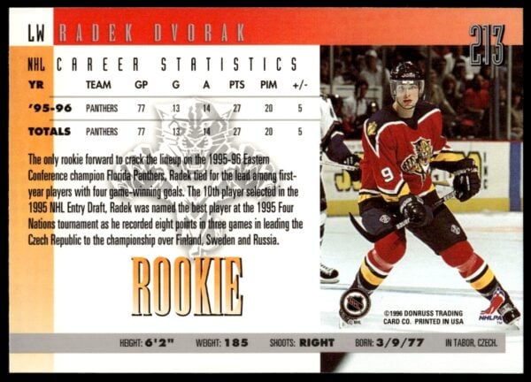 1996-97 Donruss Radek Dvorak #213 (Back)