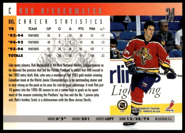 1996-97 Donruss Rob Niedermayer #24 (Back)