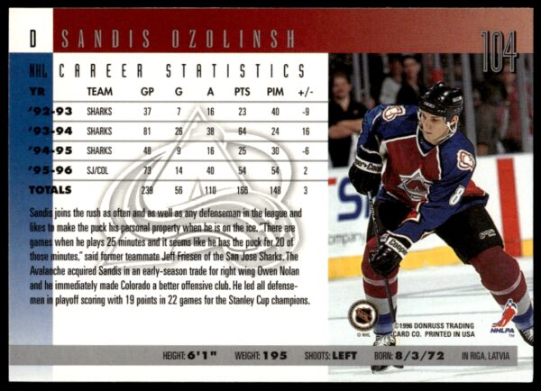 1996-97 Donruss Sandis Ozolinsh #104 (Back)