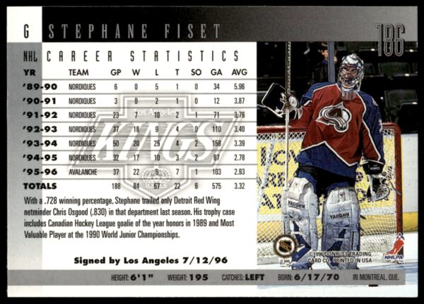 1996-97 Donruss Stephane Fiset #186 (Back)