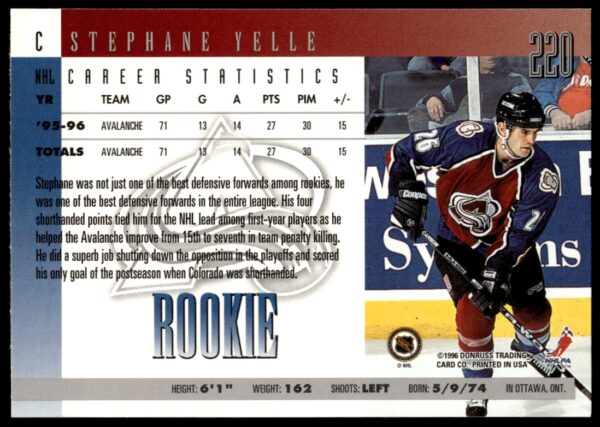 1996-97 Donruss Stephane Yelle #220 (Back)