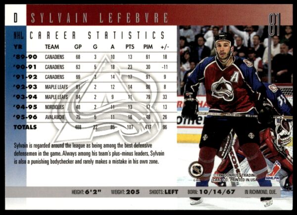 1996-97 Donruss Sylvain Lefebvre #81 (Back)