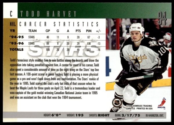 1996-97 Donruss Todd Harvey #94 (Back)