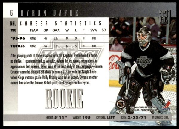 1996 Donruss Byron Dafoe #221 (Back)