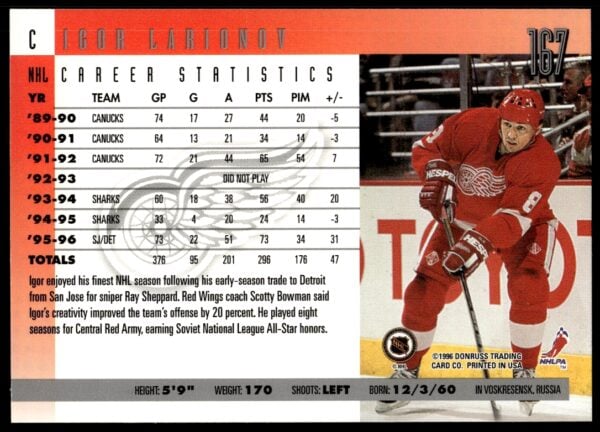 1996 Donruss Igor Larionov #167 (Back)