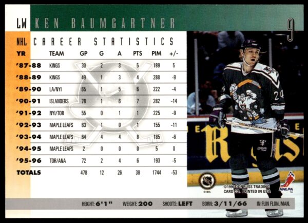 1996 Donruss Ken Baumgartner #9 (Back)