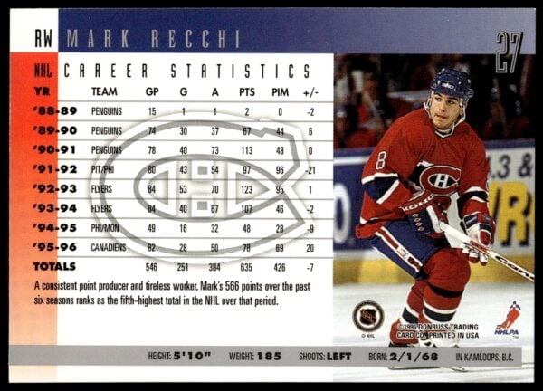 1996 Donruss Mark Recchi #27 (Back)