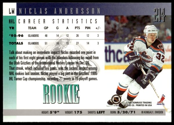 1996 Donruss Niklas Andersson #214 (Back)