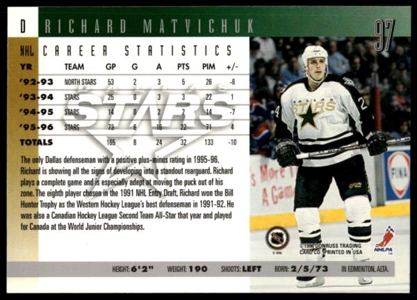 1996 Donruss Richard Matvichuk #97 (Back)