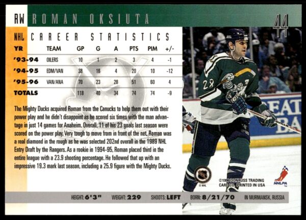 1996 Donruss Roman Oksiuta #44 (Back)