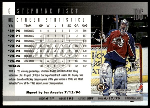 1996 Donruss Stephane Fiset #186 (Back)