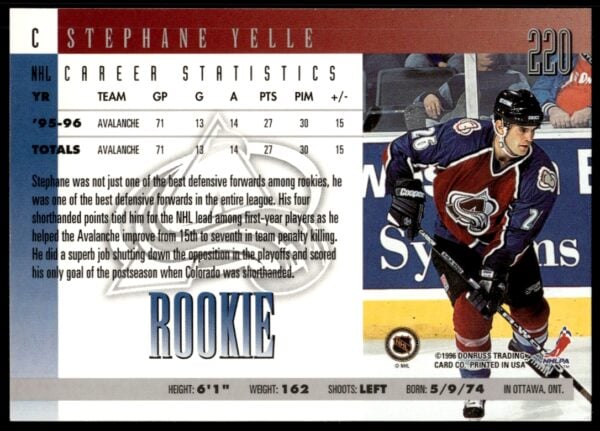 1996 Donruss Stephane Yelle #220 (Back)