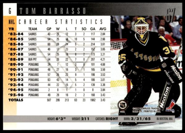 1996 Donruss Tom Barrasso #67 (Back)