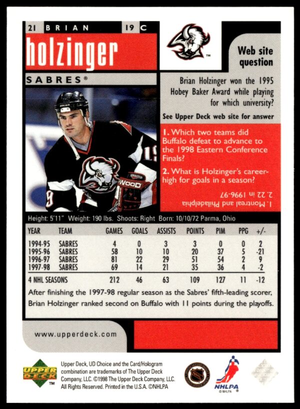 1998-99 Upper Deck UD Choice Preview Brian Holzinger #21 (Back)