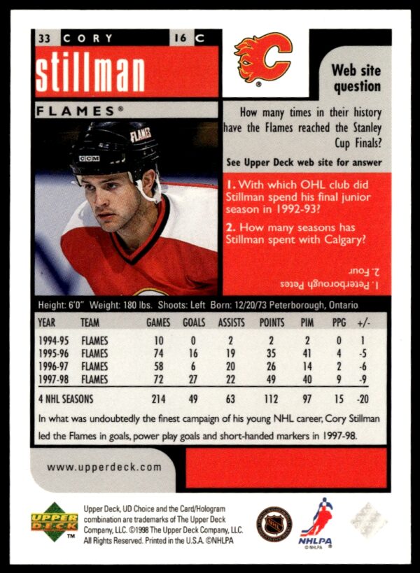 1998-99 Upper Deck UD Choice Preview Cory Stillman #33 (Back)