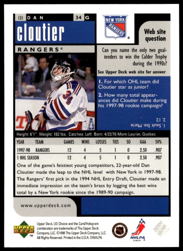 1998-99 Upper Deck UD Choice Preview Dan Cloutier #131 (Back)