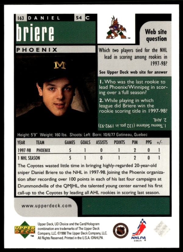 1998-99 Upper Deck UD Choice Preview Daniel Briere #163 (Back)