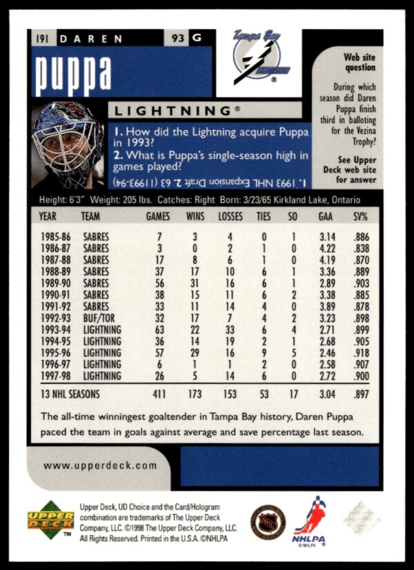 1998-99 Upper Deck UD Choice Preview Daren Puppa #191 (Back)