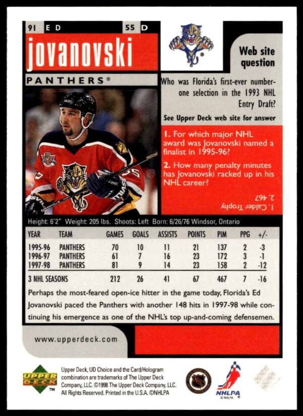 1998-99 Upper Deck UD Choice Preview Ed Jovanovski #91 (Back)